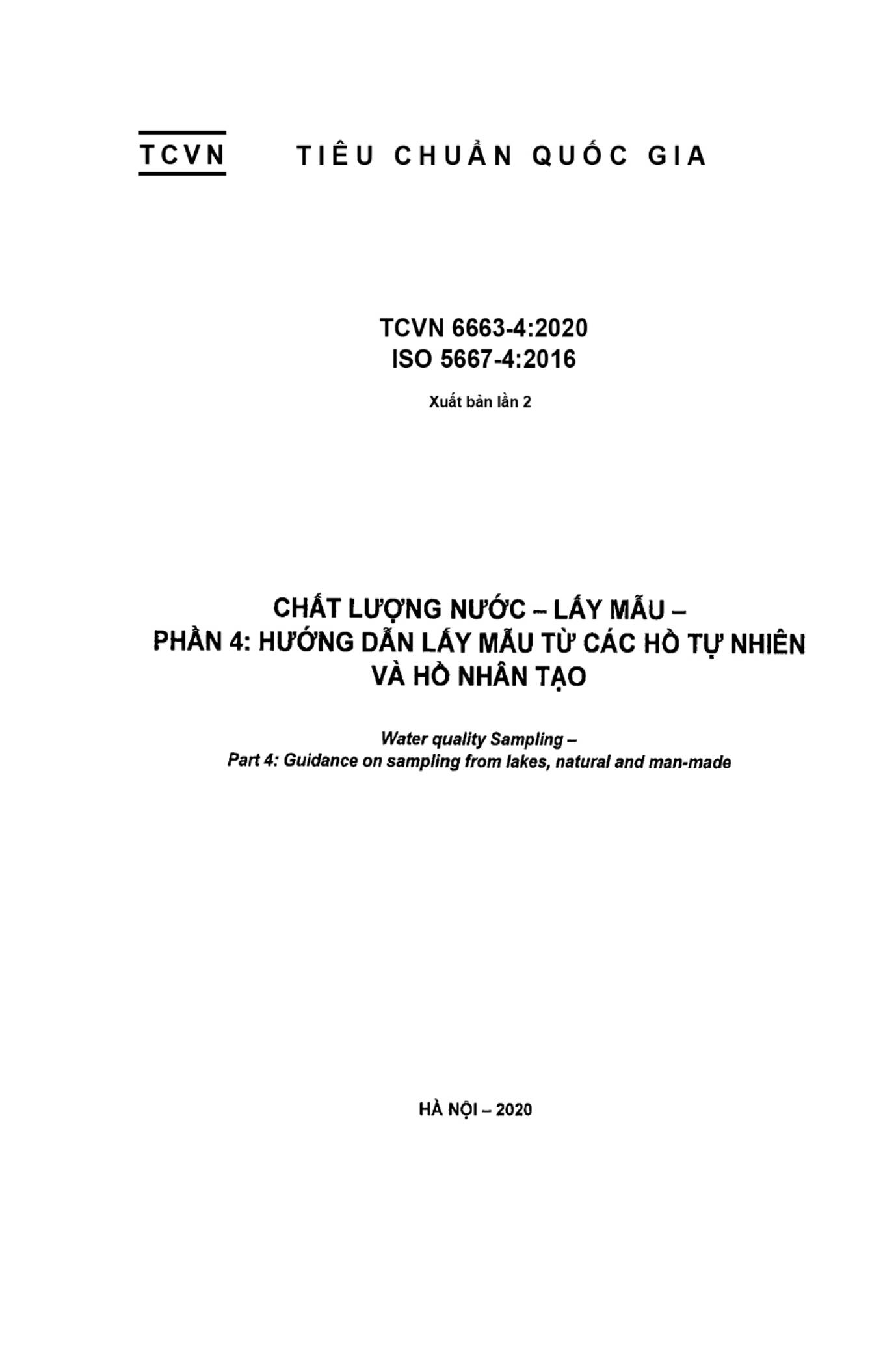 Tiêu chuẩn quốc gia TCVN 6663-4:2020 (ISO 5667-4:2016) về Chất lượng nước - Lấy mẫu - Phần 4: Hướng dẫn lấy mẫu từ các hồ tự nhiên và hồ nhân tạo Tiêu Chuẩn Quốc Gia Tcvn 6663-4:2020 (Iso 5667-4:2016) Về Chất Lượng Nước - Lấy Mẫu - Phần 4: Hướng Dẫn Lấy Mẫu Từ Các Hồ Tự Nhiên Và Hồ Nhân Tạo
