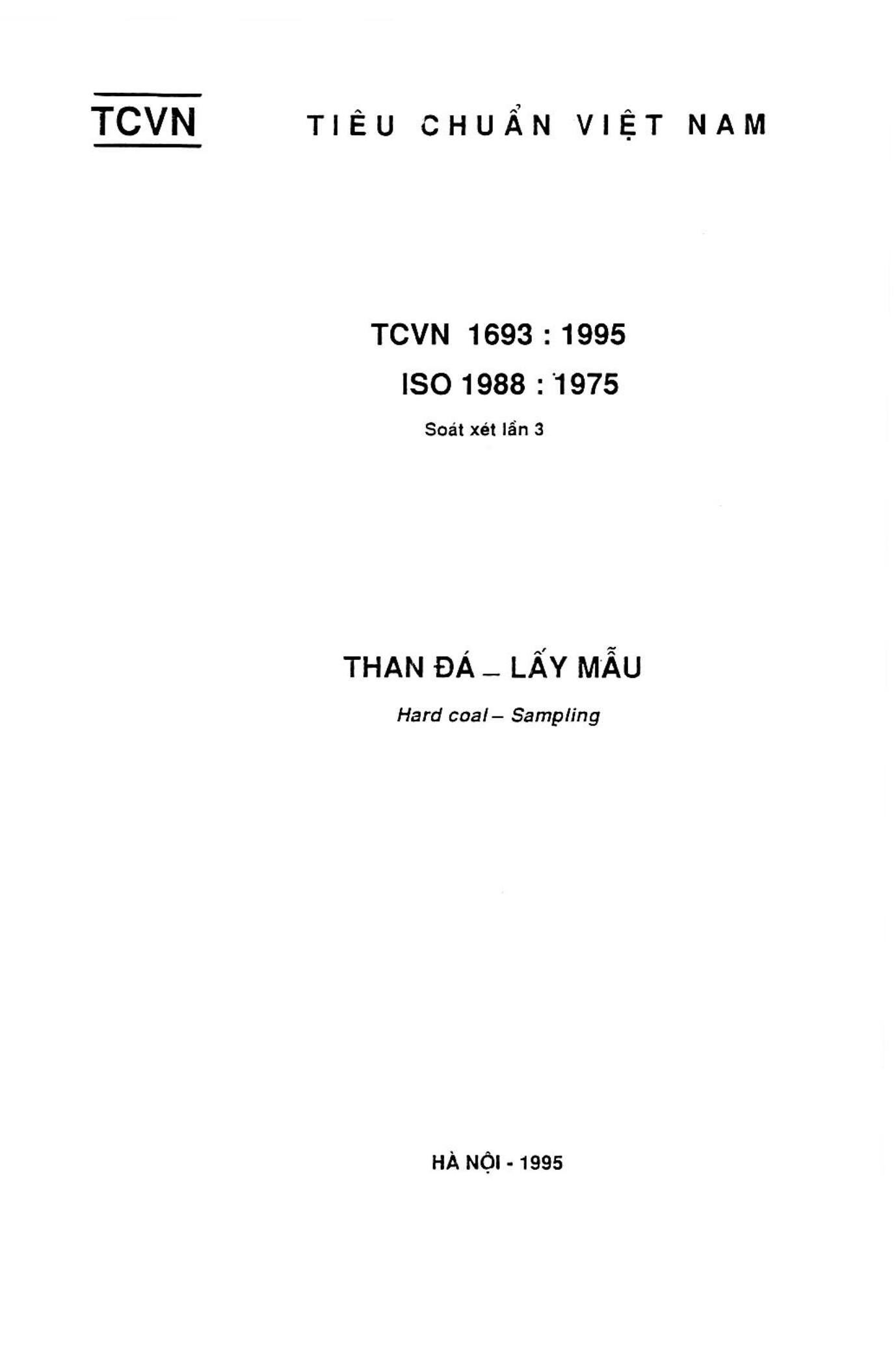 Tiêu Chuẩn Việt Nam Tcvn 1693:1995 Về Than Đá - Lấy Mẫu Do Bộ Khoa Học Công  Nghệ Và Môi Trường Ban Hành